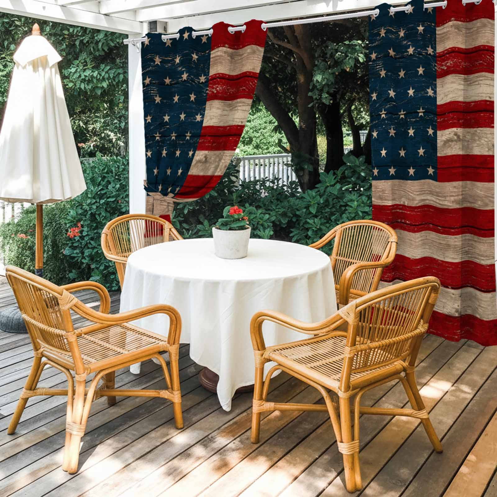 Independence Day Outdoor Curtains for Patio, Patriotic Red Blue American Flag Retro Wood Grain Waterproof Outside Curtains Privacy Blackout Curtain for Porch Pergola Cabana, 2 Panel 54W x 108L Inch