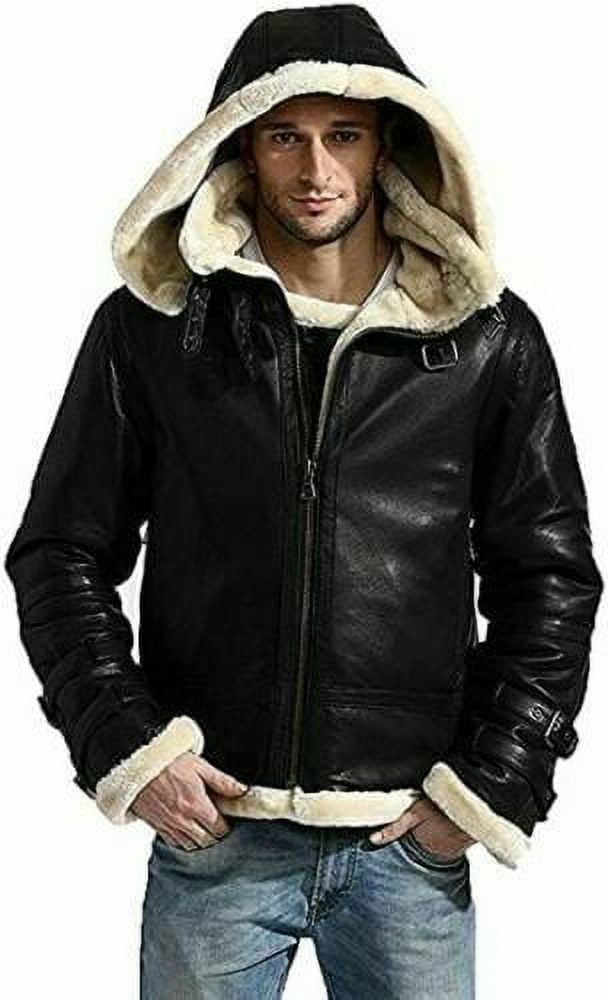 B3 Black Leather Bomber Jacket Mens With Hood And Two Side Pockets