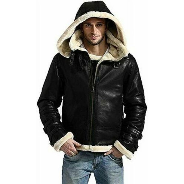 B3 Black Leather Bomber Jacket Mens With Hood And Two Side Pockets