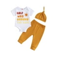 thumbnail image 2 of Aojekbee Baby Boys Outfit, Letters Print Short Sleeve Romper with Pants and Hat Infant Clothes, 2 of 10