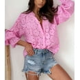 thumbnail image 3 of Datmelove Women's Boho Crochet Shirts Lantern Sleeve Button Down Lace Eyelet Blouse Tops(Pink,M), 3 of 5