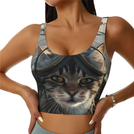 Sports Bras for Women High Support  Pilot Cat In Vintage Plane Workout Tank Tops Woman  Yoga Bra with Removable Cups