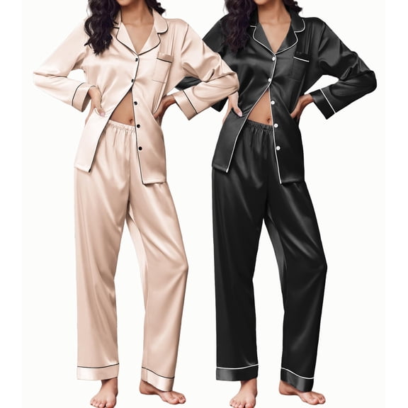 Ekouaer 2 Pack Satin Pajamas Set for Women Classic Button Down Silk Pjs Set Soft Sleepwear