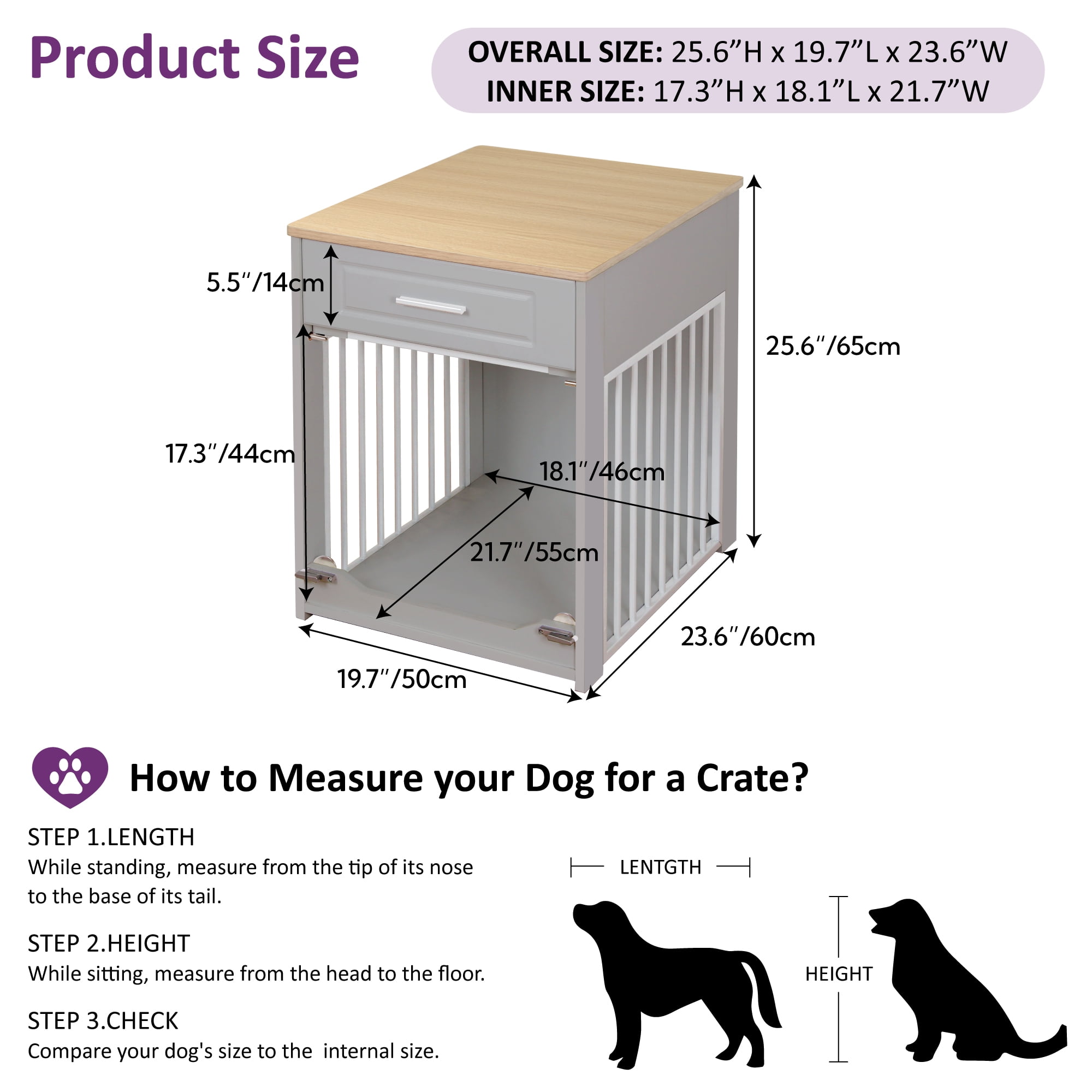 Whifea Farmhouse Wooden Dog Crate Furniture with Flip Up Door & Storage Drawer, 26''H×20''W×24''D, Indoor Pet Kennel for Medium Dogs, Gray