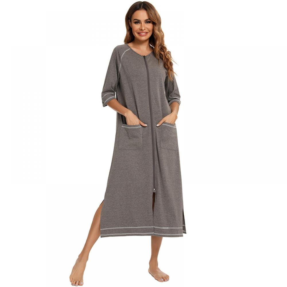 Women Zipper Robes Full Length Nightgowns Cotton Loose Housecoat Short Sleeve Loungewear with Pockets S-XXL