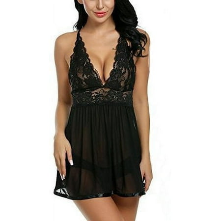 Women Lingerie Lace Babydoll Strap Chemise Halter V Neck Mesh Nightgown