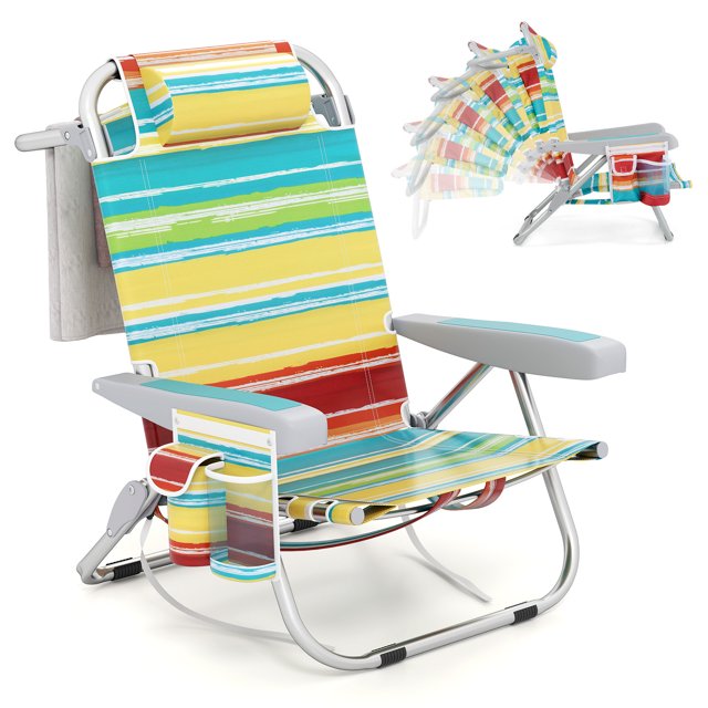 Patiojoy 1PC Backpack Beach Chair Foldable 5-Position Lay Flat Lounge Chair Multicolor