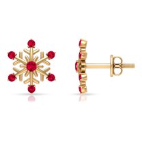 Rosec Jewels Ruby Snowflake Stud Earrings for Women - AAA Quality - July Birthstone Earrings, 18K Yellow Gold