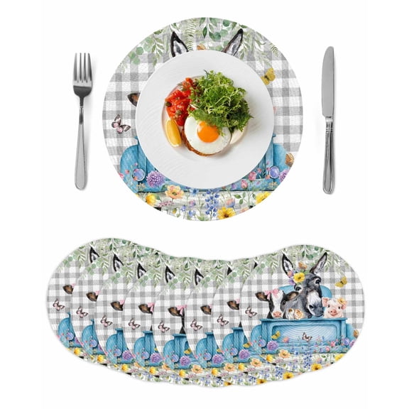 Animals Flowers Round 15 Inch Placemats Set of 8, Weeping Spring Floral Elegant Checkered HeatResistant Non Slip Place Mats for Dining Table, Wipeable Braided Kitchen Table Mats for Housewarming