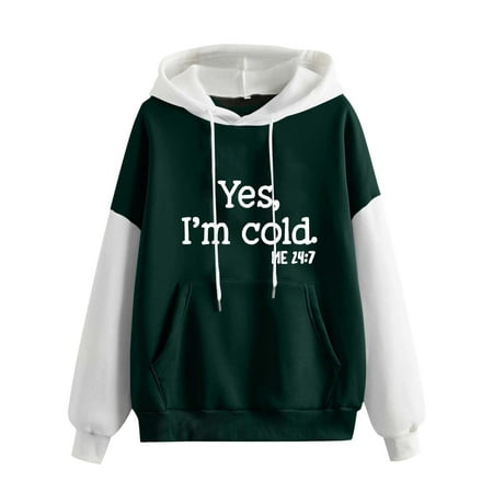 ZQGJB Yes, I'm Cold Me 24:7 Spring Trendy Hoodie Sweatshirts for Women Casual Splicing Long Sleeve Drawstring Hooded Pullover Tops with Pockets(Green#01,S)