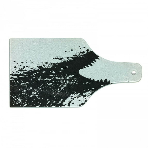 Safari Cutting Board, Black and White Crocodile Image with Grunge Drawing Style Attacking River Warrior, Tempered Glass Cutting and Serving Board, Wine Bottle Shape, Black White, by Ambesonne