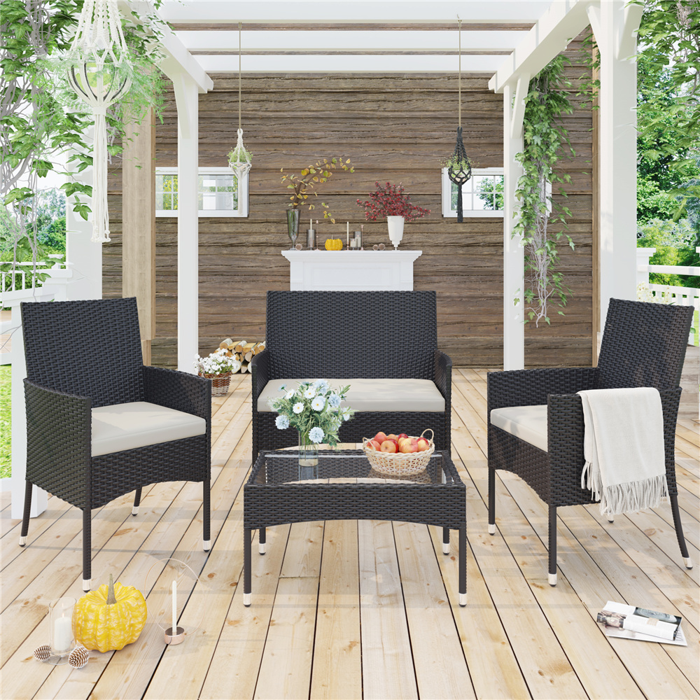 Wicker Patio Sets, 4 Piece Outdoor Conversation Set With Glass Dining