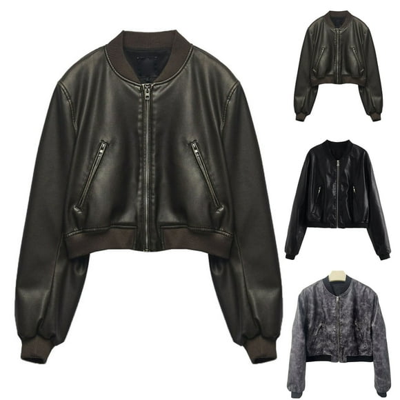Feancey Cropped Bomber Jackets for Women Faux Leather Moto Coats Lightweight Zip up Windbreaker Spring Fall Fashion Outerwear with Pockets Black L