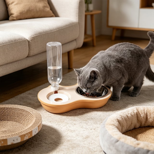 Juego de comederos dobles para gatos con cuencos elevados de acero inoxidable para comida y agua – Base antideslizante, dispensador automático de agua, diseño 2 en 1 para comida seca o húmeda.