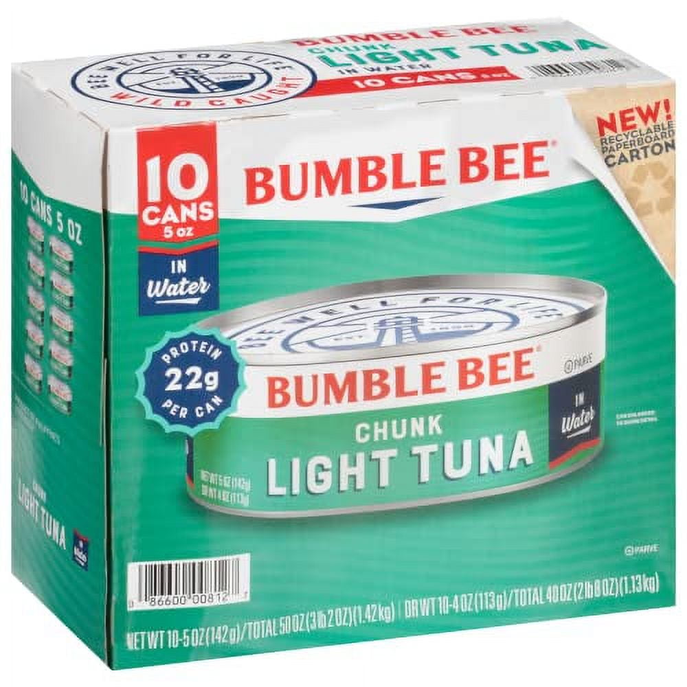 Bumble Bee Chunk Light Tuna in Water, 5 oz Cans (Pack of 10) - Wild Caught Tuna - 22g Protein per Serving - Non-GMO Project Verified, Gluten Free, Kosher - Great for Tuna Salad and Recipes