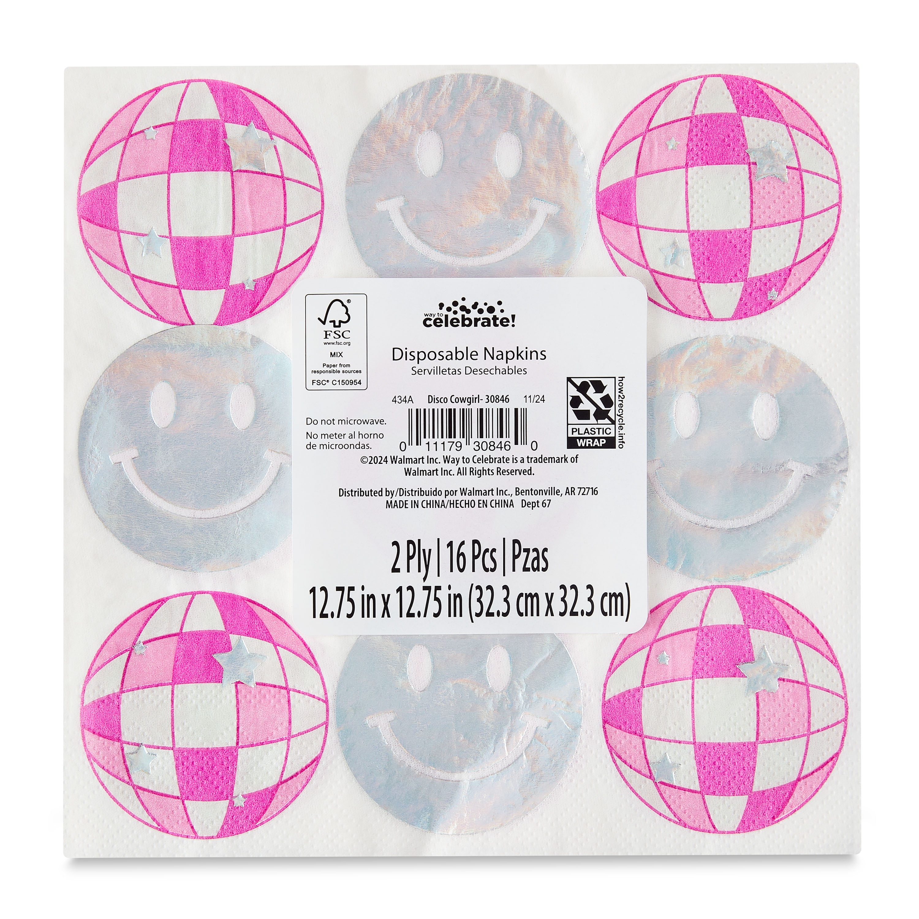 (12 pack) 6.5" x 6.5" Disposable Silver/Pink Disco Ball Paper Napkins, 16 Pieces, by Way To Celebrate