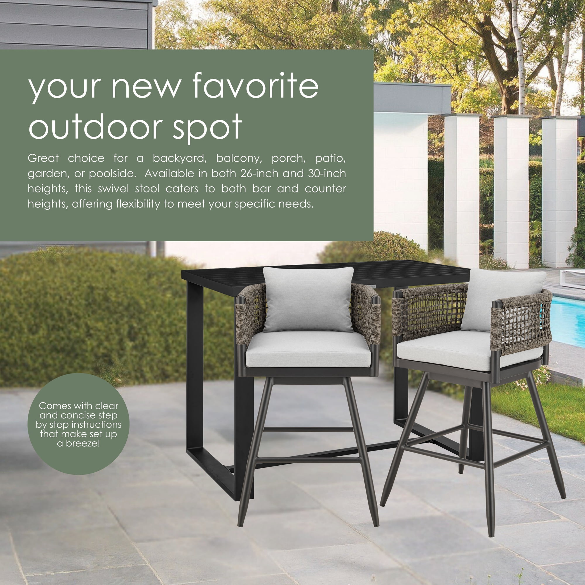 Alegria Outdoor Patio Swivel Counter Stool in Aluminum with Gray Rope and Light Gray Cushions - Set of 2