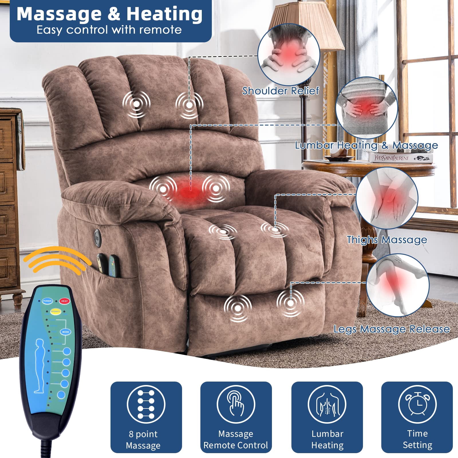 SOCIALCOMFY Large Power Electric Lift Recliner Chair for Elderly Big People, Heated Massage Motorized Reclining Sofa, Wide Soft Fabric Recliners with 2 Remote Controls, Side Pockets & USB Ports, Brown