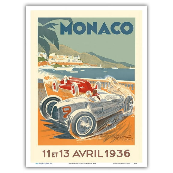 1936 Monaco Grand Prix - Vintage Car Racing Poster by Géo Ham (Georges Hamel) - Master Art Print (Unframed) 9in x 12in