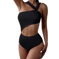 thumbnail image 2 of Women's One Piece Bikini Swimsuit Strapless Hollow Out Solid Color One Shoulder High Waisted for Beach Vacation,Black,L, 2 of 8