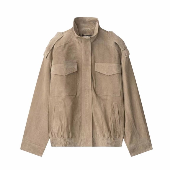 DAFPZW Women’s Suede Leather Jacket Vintage High Collar Long Sleeve Zip Up Oversized Outerwear Coat with Pockets