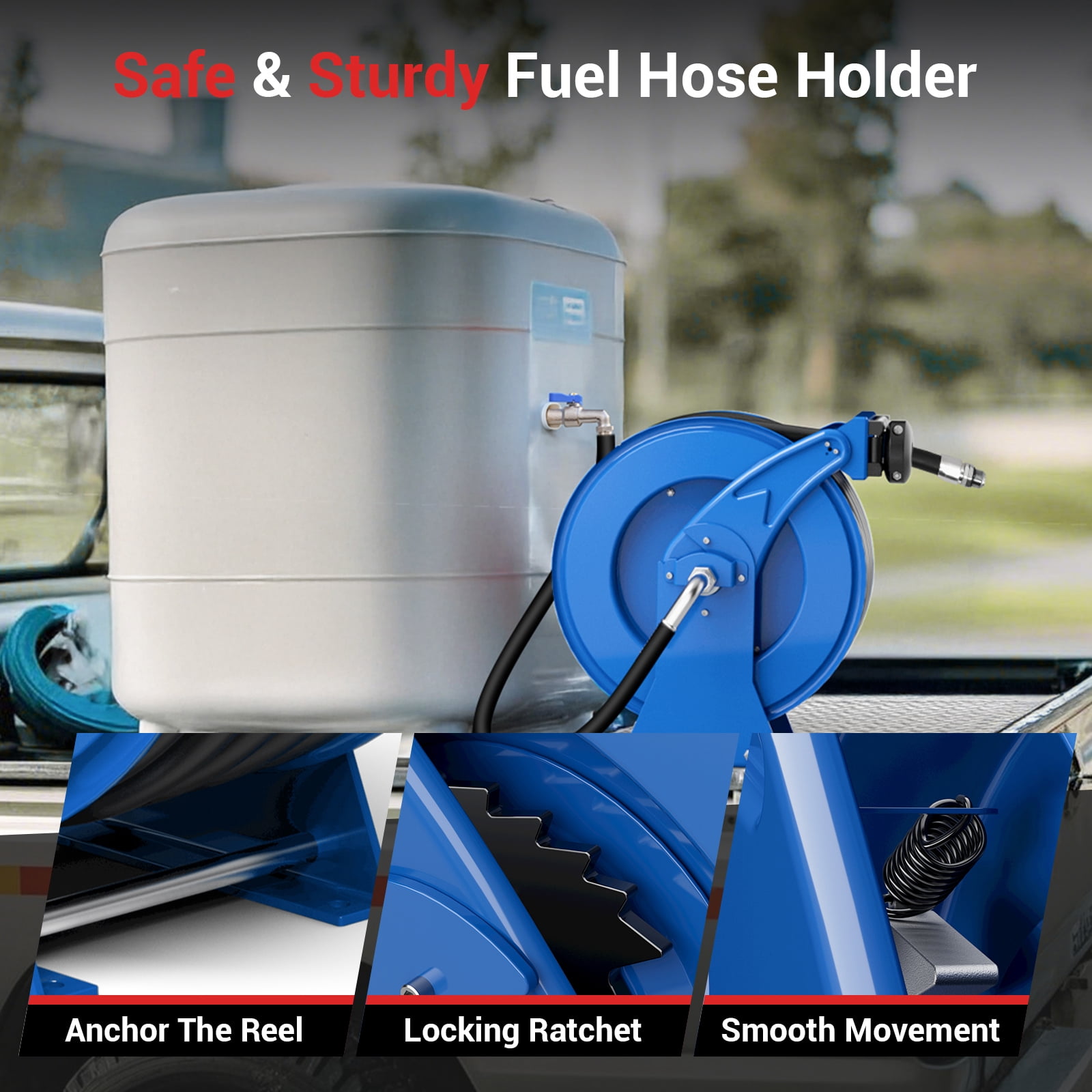 Fuel Hose Reel 3/4" x 50' Retractable with Fueling Nozzle Diesel Hose Reel 300 PSI Industrial Auto Swivel Heavy Duty Steel Construction for Farm Ship Vehicle Tank, Blue