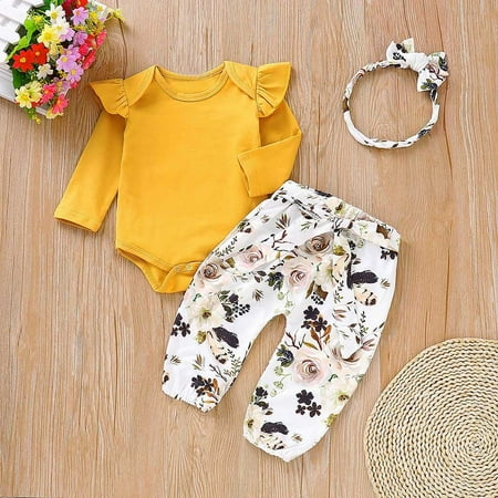 

Rdeuod Baby Romper Toddler Baby Girls Long Sleeves Romper Tops+Floral Pants+Headbands Set Outfits Summer Outfits for Women