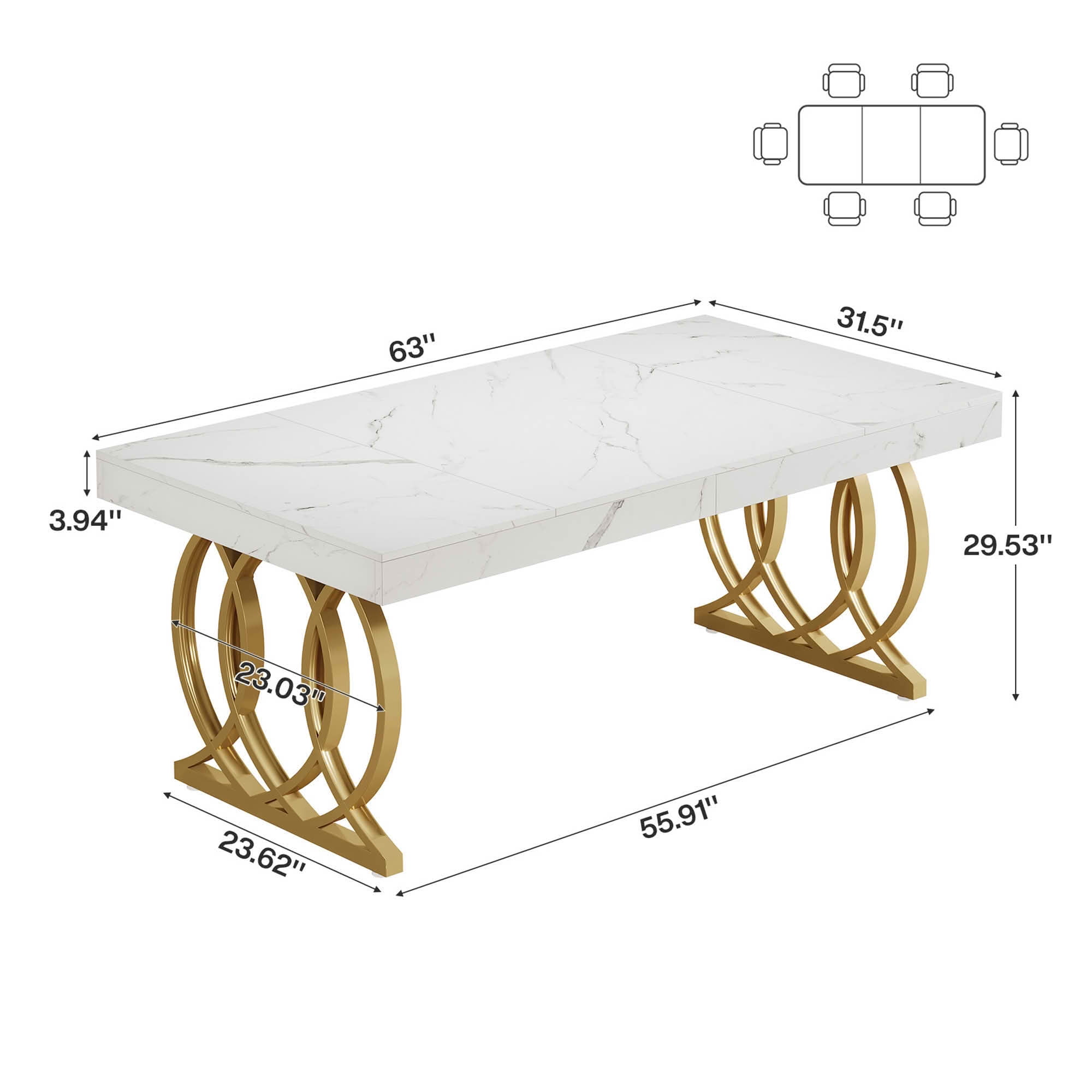 MAYEERTY 63 Inch Modern Rectangular Dining Table, White Faux Marble Kitchen Dinner Table with Gold Geometric Metal Legs for 4 to 6 People