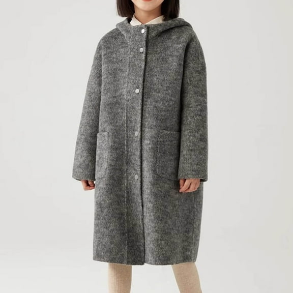 AUNVITO Kids Hooded Mid-Length Coat Faux Double-Faced Wool Long Sleeve Cotton Coat Autumn Winter Classic Warm Style