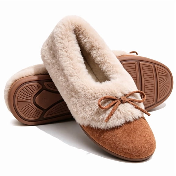 Knivor Plush Fleece Lined Moccasin Slippers for Women Fuzzy Slippers with Bow Closed Toe Slip On Cozy Warm Slippers for Indoor Outdoor House Shoes