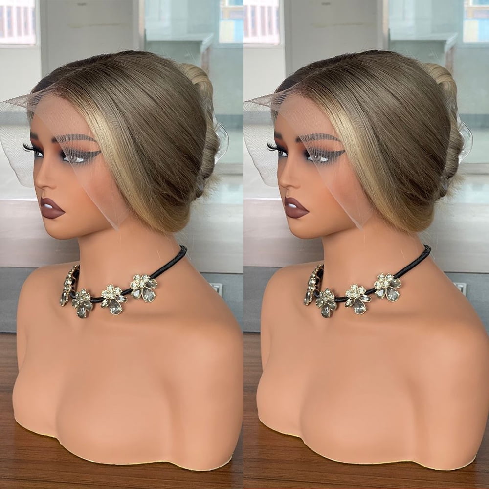 Mscathy Layered Straight Beige Ombre Hightlight Wigs Human Hair Ash Blonde 13x4 HD Transparent Lace Front Wig Human Hair 180% Density Pre Plucked Natural Hairline Remy Human Hair Wig With Baby Hair