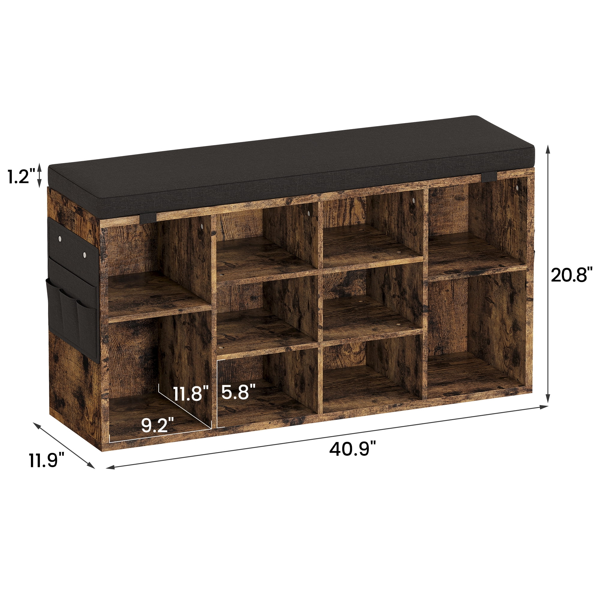 Accreate 41 Inch Shoe Storage Bench with Cushion and Side Pocket – 10 Cubbies Shoe Rack with Adjustable Shelves, Retro color