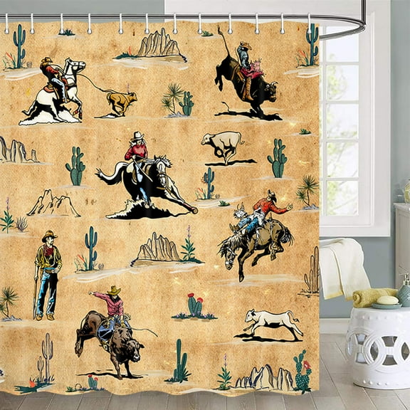 Western Shower Curtain, Farmhouse Country American West Western Shower Curatain, Wild West Cowboy Horse Bathroom Accessories Set with Hooks, 72X78inch, Yellow