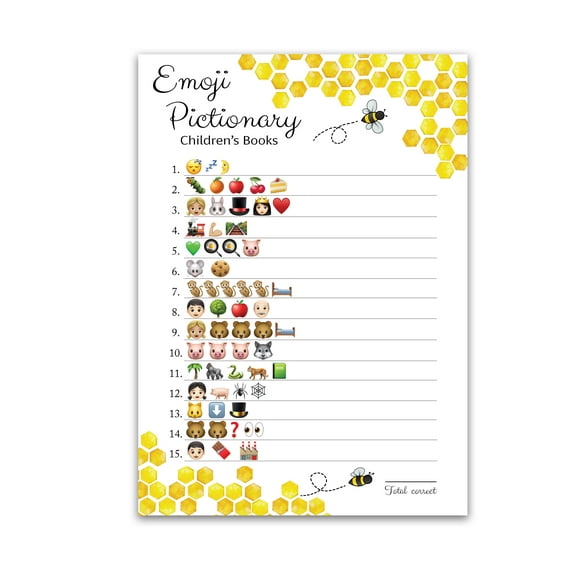 BEE Bumblebee Baby Shower Game — Pack of 25 — Emoticons Pictionary Children's Books Baby Shower Games, Gender Neutral Honeybee Party Game, Honey Bee Honeycomb Co-Ed Couples Shower Activity G620-EMJ
