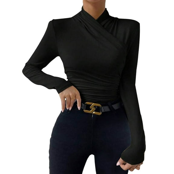 Long Sleeve Shirts for Women T Shirts Fall Tops Autumn Winter With A Neckline Slim Fit Versatile Pleated Cute Tee Shirts Black S