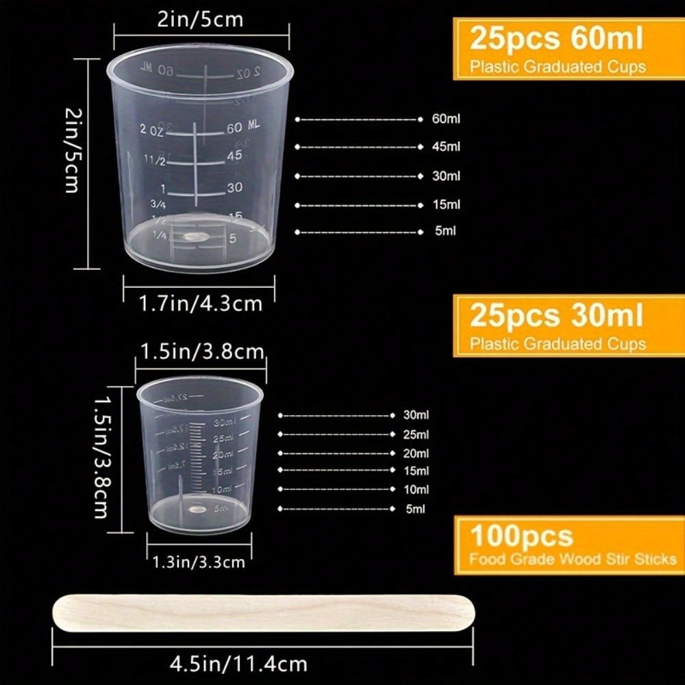 150Pcs Plastic Measuring Cups Set, 25Pcs 60ml/2oz and 25Pcs 30ml/1oz, Graduated Scale Cups with 100 Stir Sticks for Mixing Paint, Stains, Epoxy Resin
