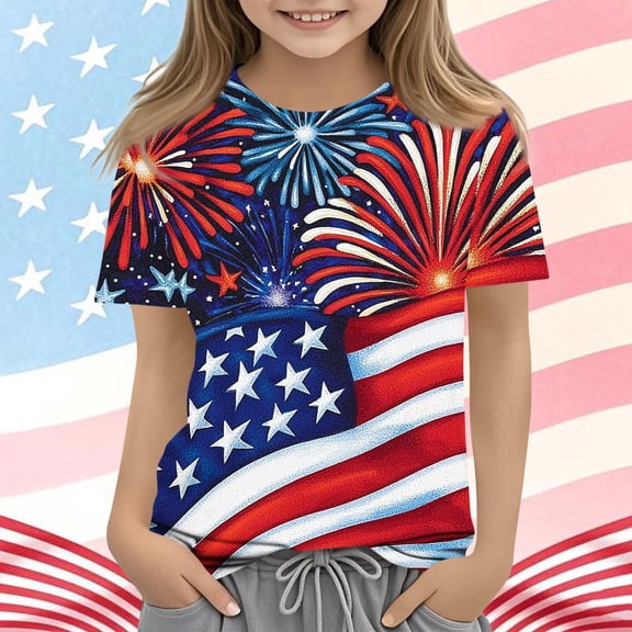 Amidoa Girls Short Sleeve Crewneck Graphic Summer Independence Day T Shirts Casual Kids Tops Blue Size 9