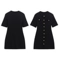 thumbnail image 2 of Robe Courte Décontractée pour Femme en Tricot Côtelé, Manches Courtes, Col Rond, Mini Robe Chandail Ligne A avec Boutons Décoratifs, Noir, P, 2 of 9