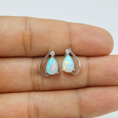 Opal Pear Stud Earrings: Ethiopian Fire Opal, Sterling Silver, October Birthstone