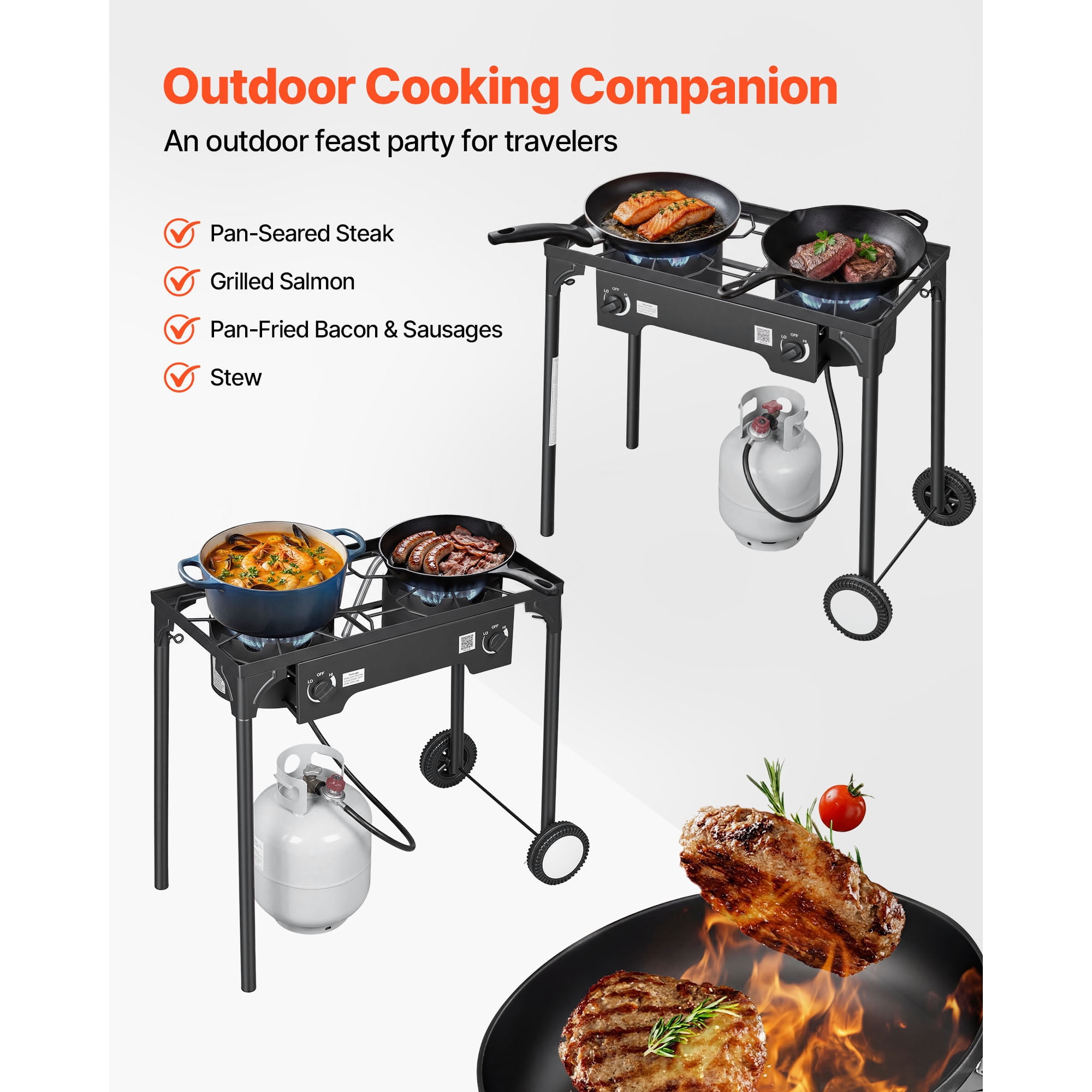 KFFKFF 2-Burner Outdoor Propane Gas Stove, 150,000 BTU LPG Camping Cooker, Durable Carbon Steel Design with Wheels, 20 PSI Regulator & Hose, Ideal for BBQs, Camping, and Backyard Use