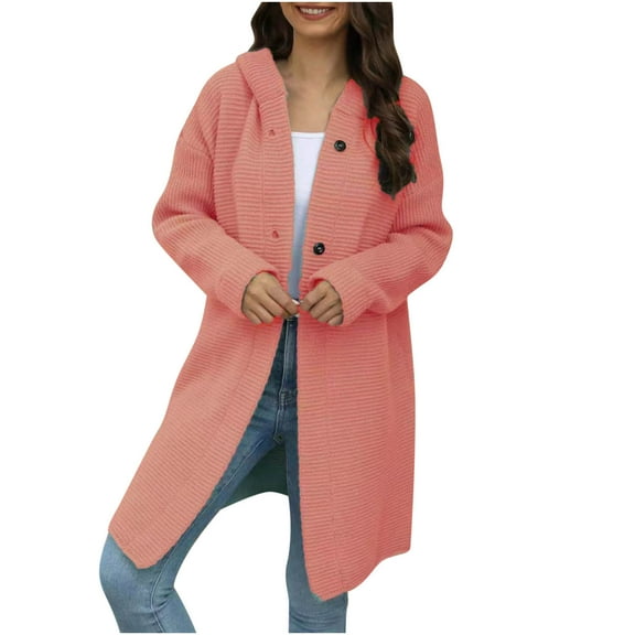 ABATAB Sweater Cardigans for Women Knitted Long Sleeve Sleeve Button down Dusters with Hood Loose Fit Hoodie Knitwear Coats(X-Large,Watermelon Red)