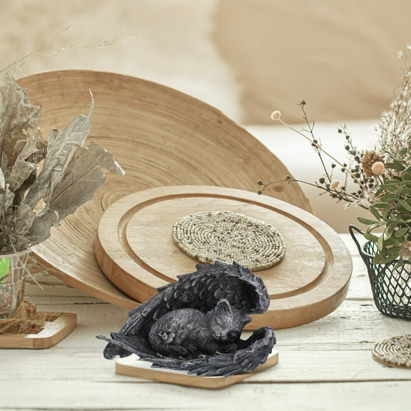 ibasenice Fake Animals Decor Cat Wings Angel Cat Statue Dark Grey Resin 1Pcs