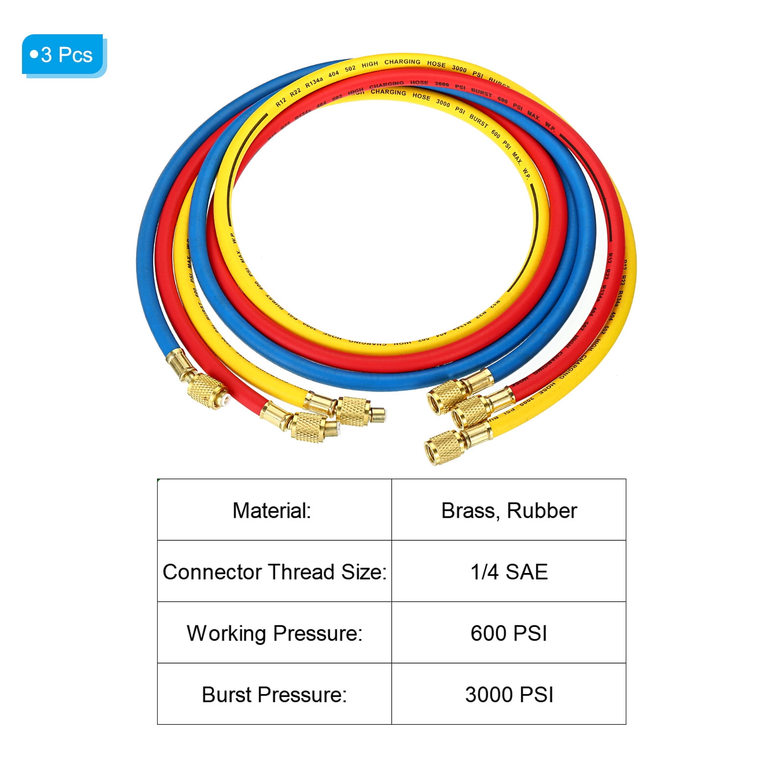 Uxcell 1/4 SAE Refrigerant Charging Hose 4.9ft 600 PSI 3000 PSI Manifold Gauge Hose with AC Adapters 3 Pack