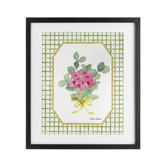Botanical Story on Grid Pattern Black Framed Print Under Glass, design by Lee Ann Sanders