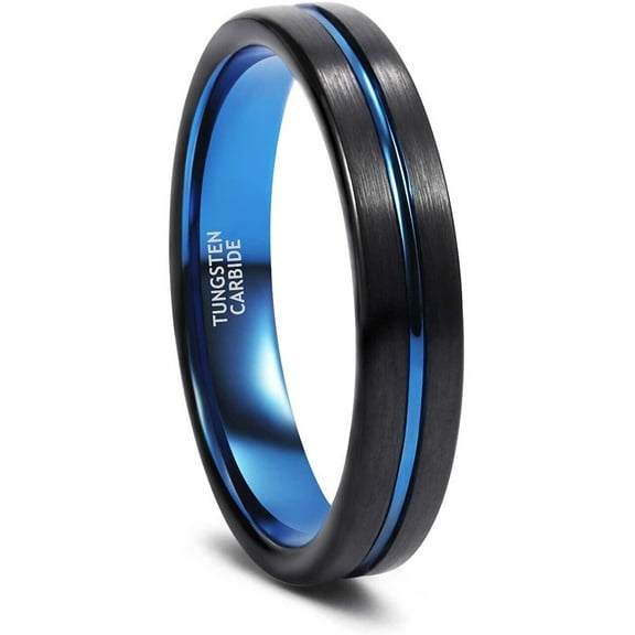 Wedding Rings Women's 4mm Black & Blue Groove Line Tungsten Band.