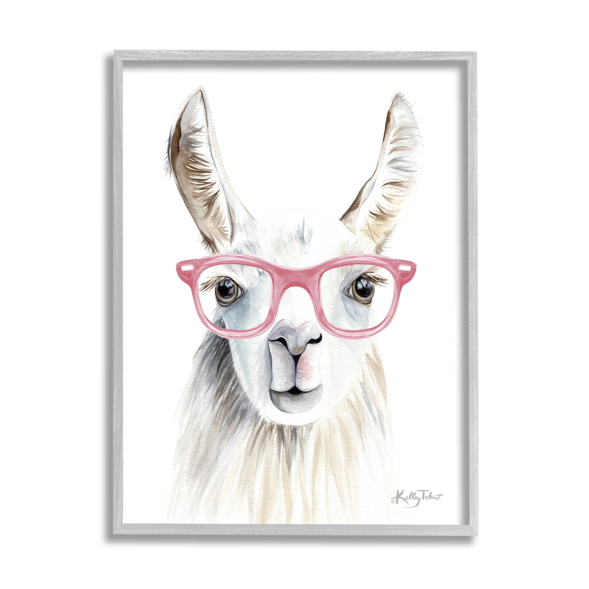 Stupell Industries Llama Wearing Pink Glasses Casual Animal Portrait Painting Gray Framed Art Print Wall Art, Design by Kelley Talent
