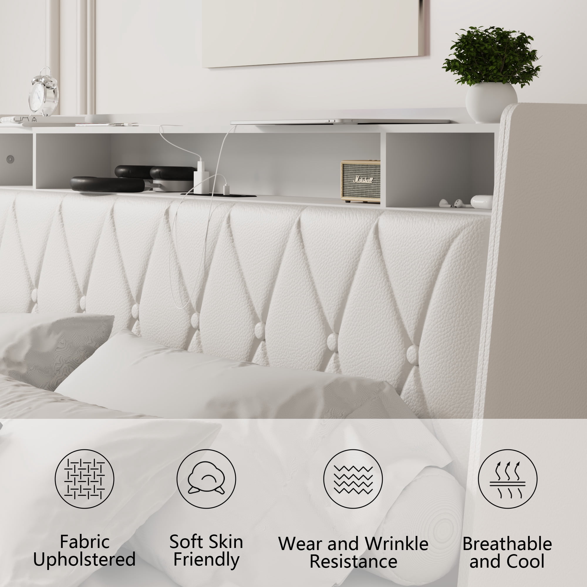 Miniyam Queen Size Upholstered Bed with Outlets & Charger, Storage Drawers for Adult, White