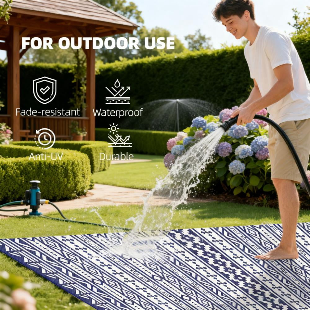 9' x 18' Blue and White Geometric Wall Reversible Outdoor Patio Rug, Waterproof Plastic Straw RV Camping Rug with Carry Bag, Foldable Fade Resistant Mat