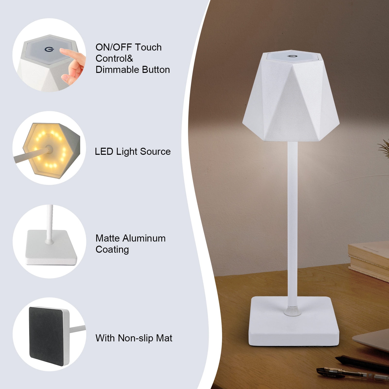 Cordless Table Lamp, 5000mAh USB Rechargeable Desk Lamp, RGB 5 Modes & Stepless Dimming,Gift Battery Powered Modern Lamp for Bedroom/ Dining/ Coffee /Outdoor,White