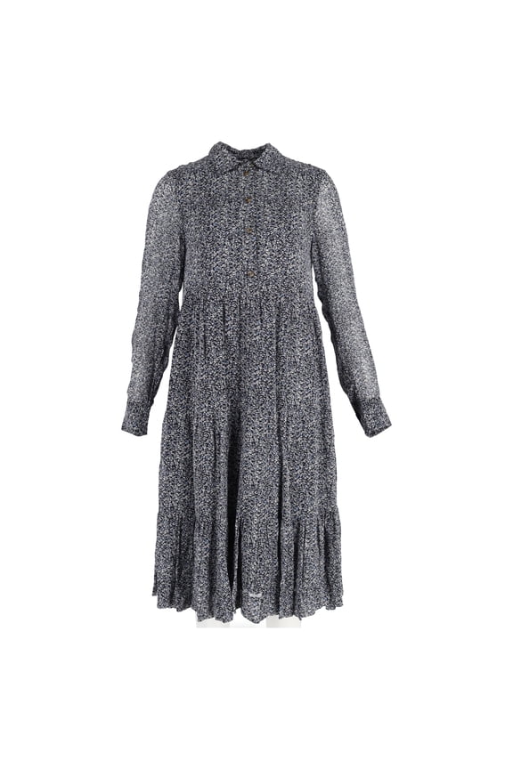 Pre-Owned Ganni Midi Floral Print Tiered Long Sleeve Dress in Multicolor Viscose